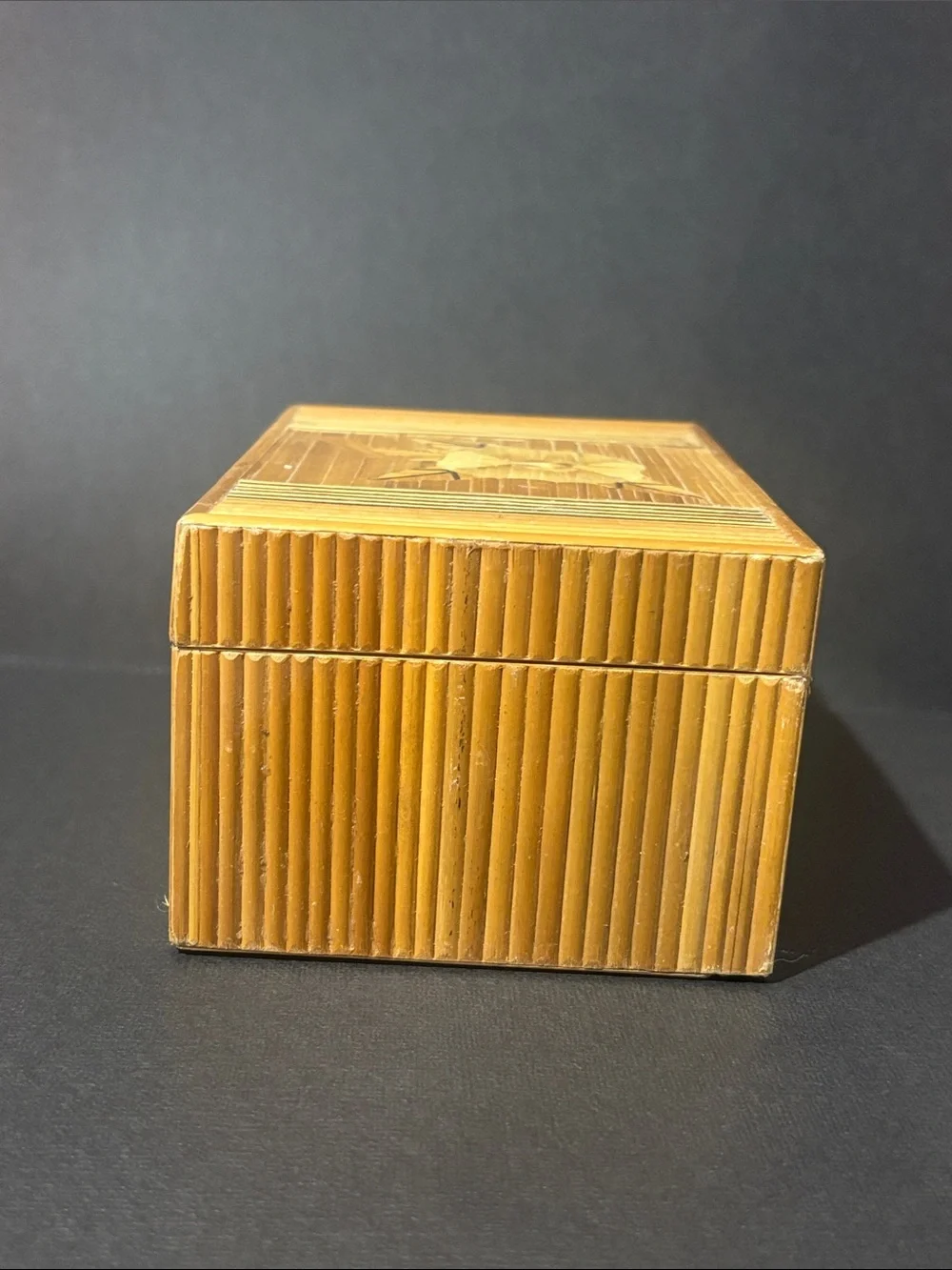 Vintage bamboo floral inlay trinket holder jewelry box velvet lined handmade